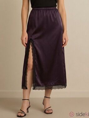 Vintage Black Satin Slip Midi Skirt w/ Lace Trim and Side Slit - Medium